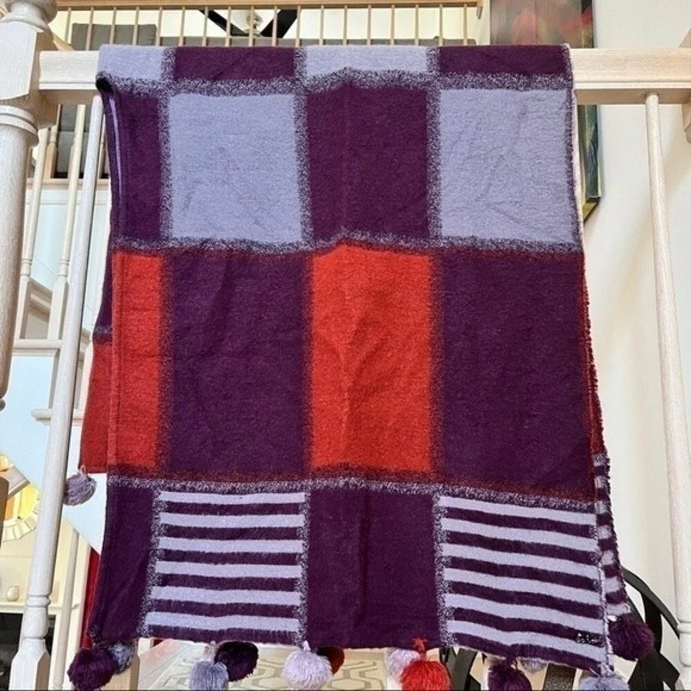 Echo  Plaid and Stripe Pom-Pom Scarf Poncho Wrap One Size